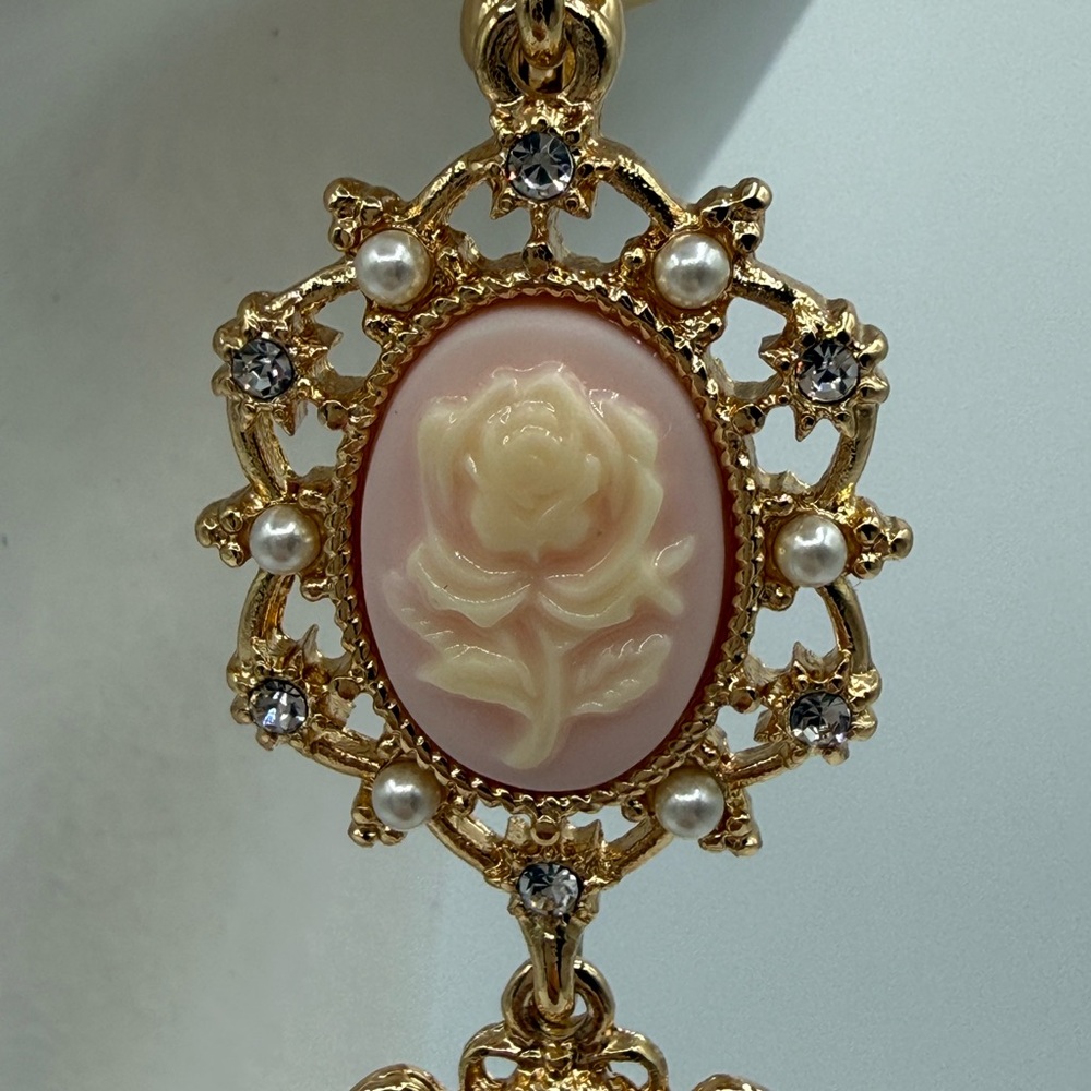 Marchesa Elegant Gold Cameo Rose Drop Earrings w/ Pearls & Crystals - Picture 15 of 16